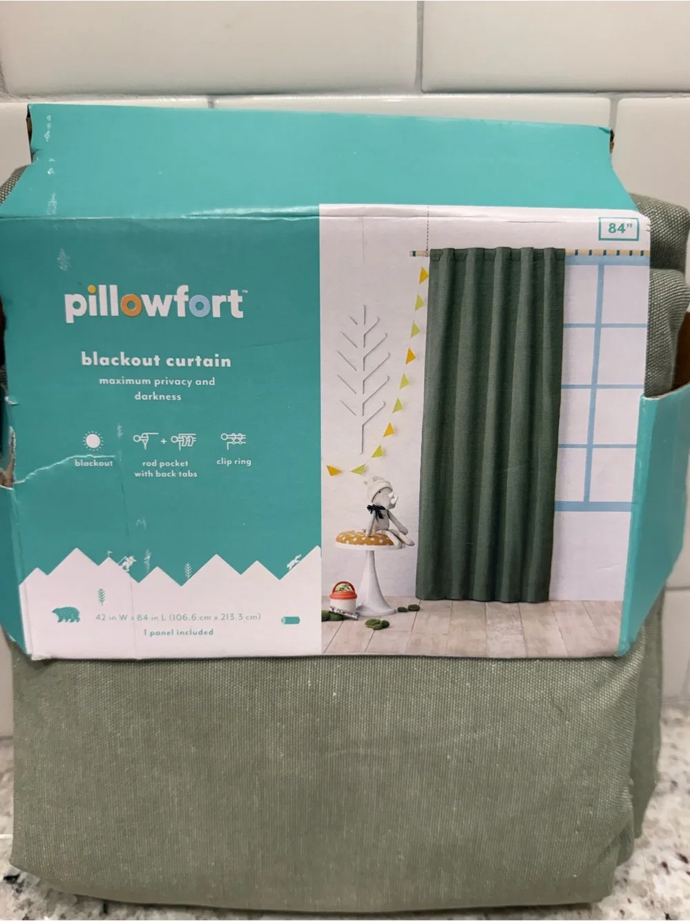 42”Wx84”L Chambray Cotton Kids Blackout Green Curtain Panel -Pillowfort